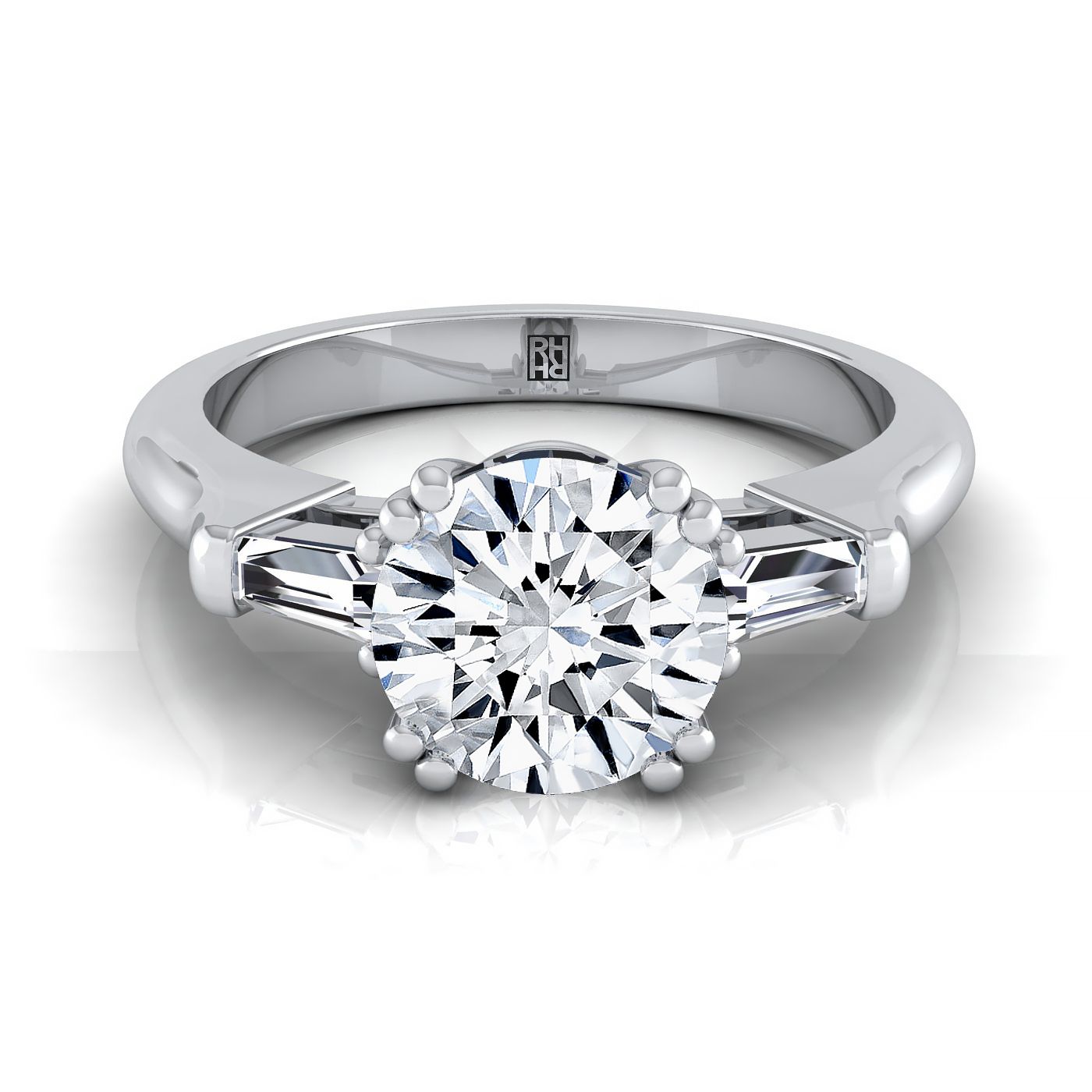 18K White Gold Round Brilliant Diamond Tapered Baguette Engagement Ring -1/4ctw