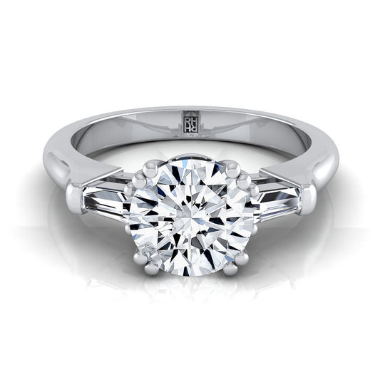 Platinum Round Brilliant Diamond Tapered Baguette Engagement Ring -1/4ctw