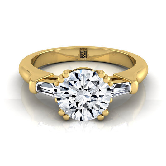 18K Yellow Gold Round Brilliant Diamond Tapered Baguette Engagement Ring -1/4ctw