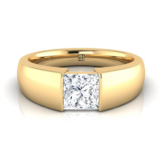 14K Yellow Gold Princess Cut  Wide High Polish Band Tension Set Solitaire Engagement Ring