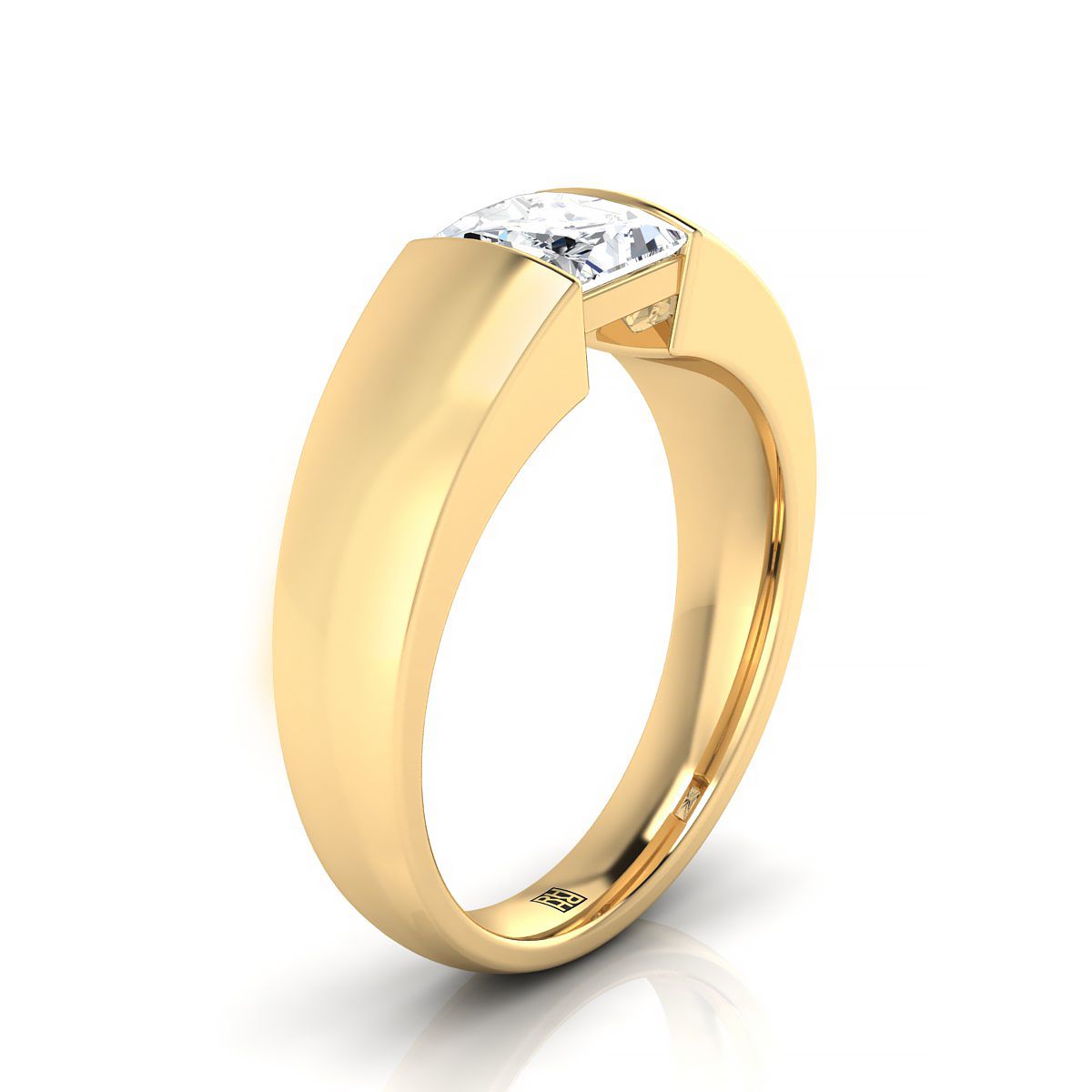 18K Yellow Gold Princess Cut  Wide High Polish Band Tension Set Solitaire Engagement Ring