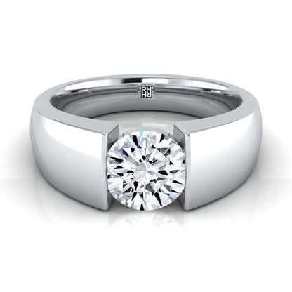 Platinum Round Brilliant  Wide High Polish Band Tension Set Solitaire Engagement Ring