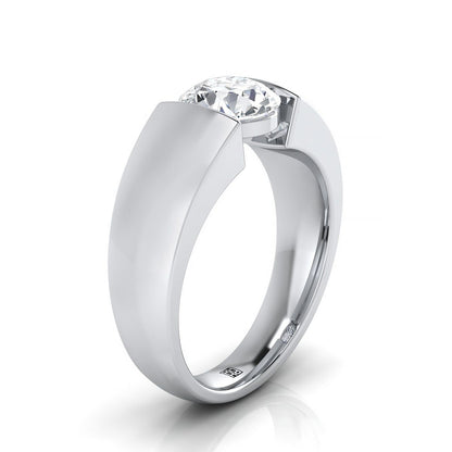 Platinum Round Brilliant  Wide High Polish Band Tension Set Solitaire Engagement Ring