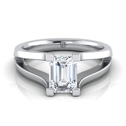 14K White Gold Emerald Cut  Plain High Polish Split Shank Solitaire Engagement Ring
