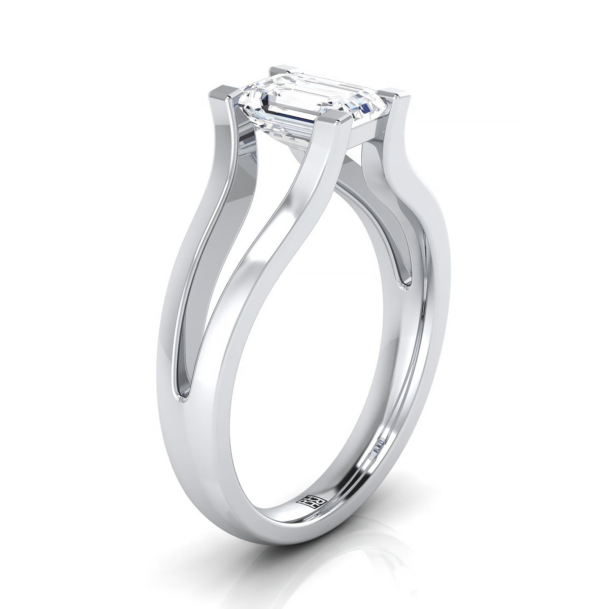 18K White Gold Emerald Cut  Plain High Polish Split Shank Solitaire Engagement Ring