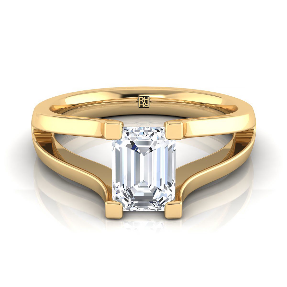 14K Yellow Gold Emerald Cut  Plain High Polish Split Shank Solitaire Engagement Ring