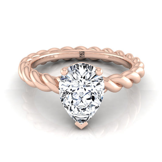14K Rose Gold Pear Shape Center  Twisted Rope Braid Solitaire Band