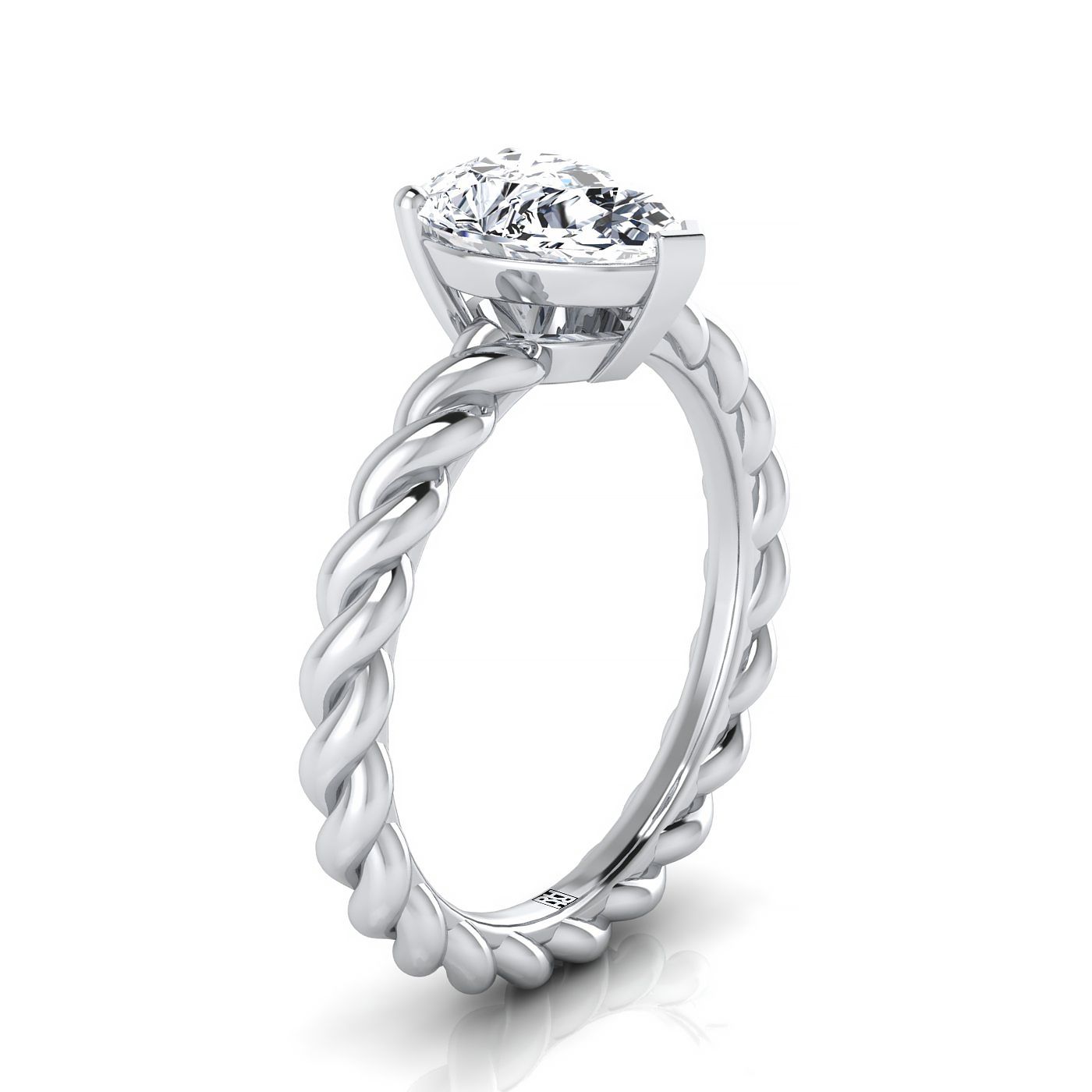 18K White Gold Pear Shape Center  Twisted Rope Braid Solitaire Band