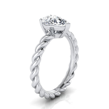 14K White Gold Pear Shape Center  Twisted Rope Braid Solitaire Band