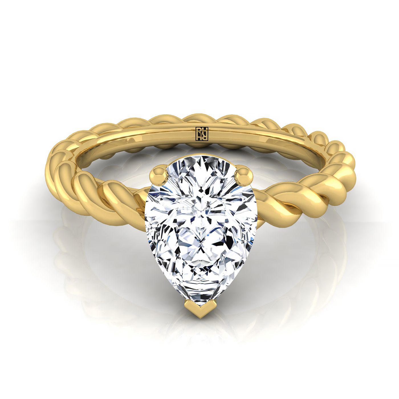 14K Yellow Gold Pear Shape Center  Twisted Rope Braid Solitaire Band