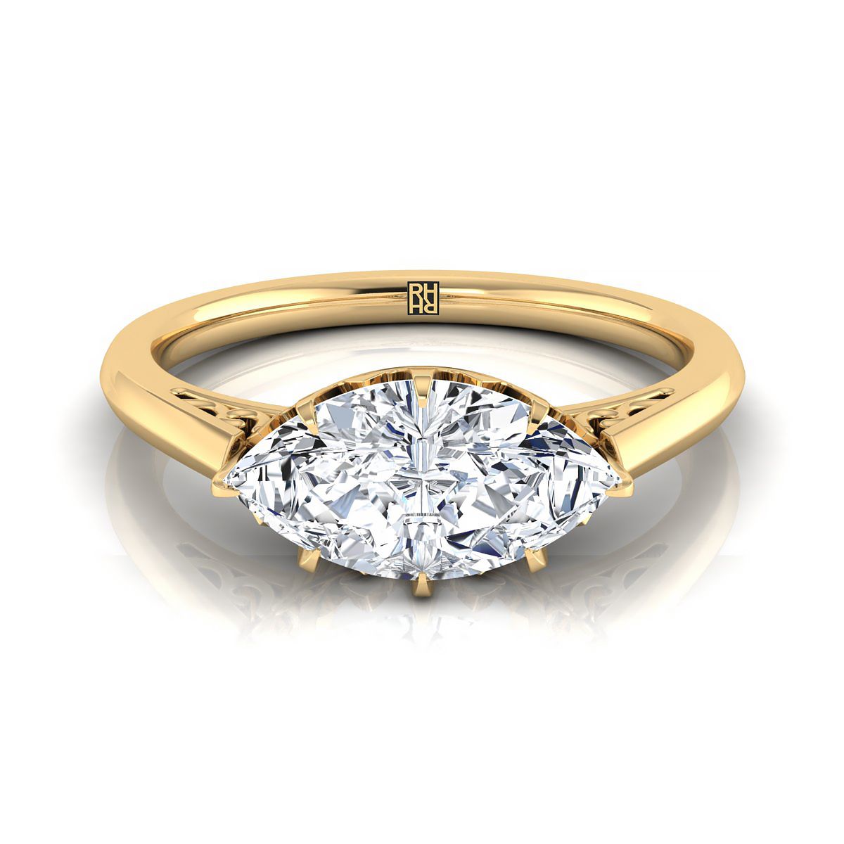 18K Yellow Gold Marquise  Antique Scroll Detail Solitaire Engagement Ring