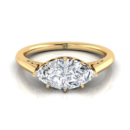 18K Yellow Gold Marquise  Antique Scroll Detail Solitaire Engagement Ring