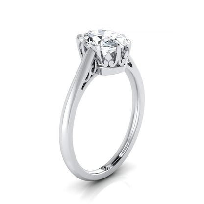 18K White Gold Oval Antique Scroll Detail Solitaire Engagement Ring