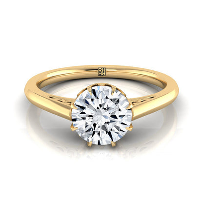 14K Yellow Gold Round Brilliant Antique Scroll Detail Solitaire Engagement Ring