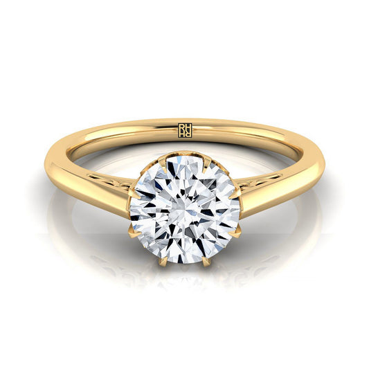 18K Yellow Gold Round Brilliant Antique Scroll Detail Solitaire Engagement Ring