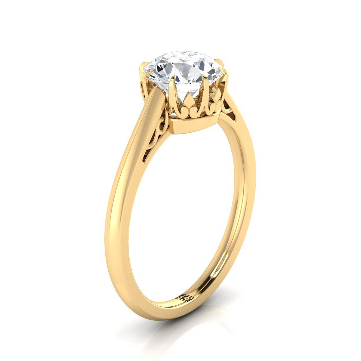 18K Yellow Gold Round Brilliant Antique Scroll Detail Solitaire Engagement Ring