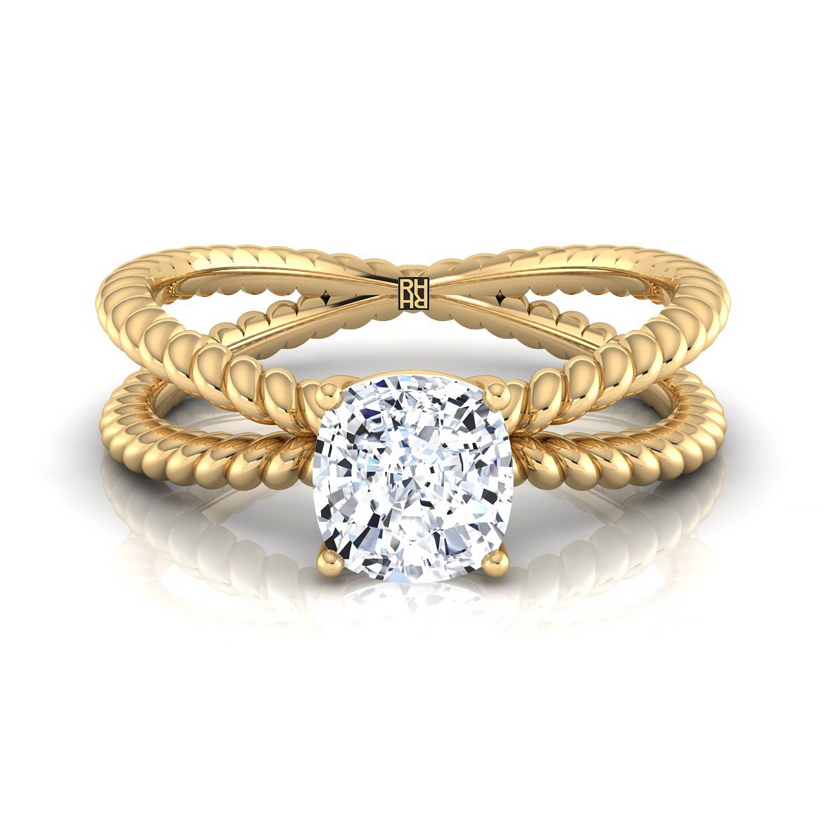 18K Yellow Gold Cushion Criss Cross Twisted Rope Solitaire Engagement Ring