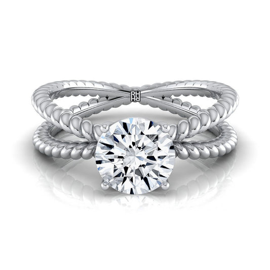 14K White Gold Round Brilliant Criss Cross Twisted Rope Solitaire Engagement Ring