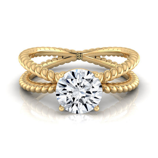 18K Yellow Gold Round Brilliant Criss Cross Twisted Rope Solitaire Engagement Ring