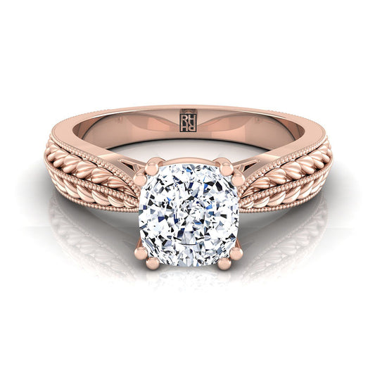 14K Rose Gold Cushion Antique Wheat and Bead Pinched Solitaire Engagement RIng