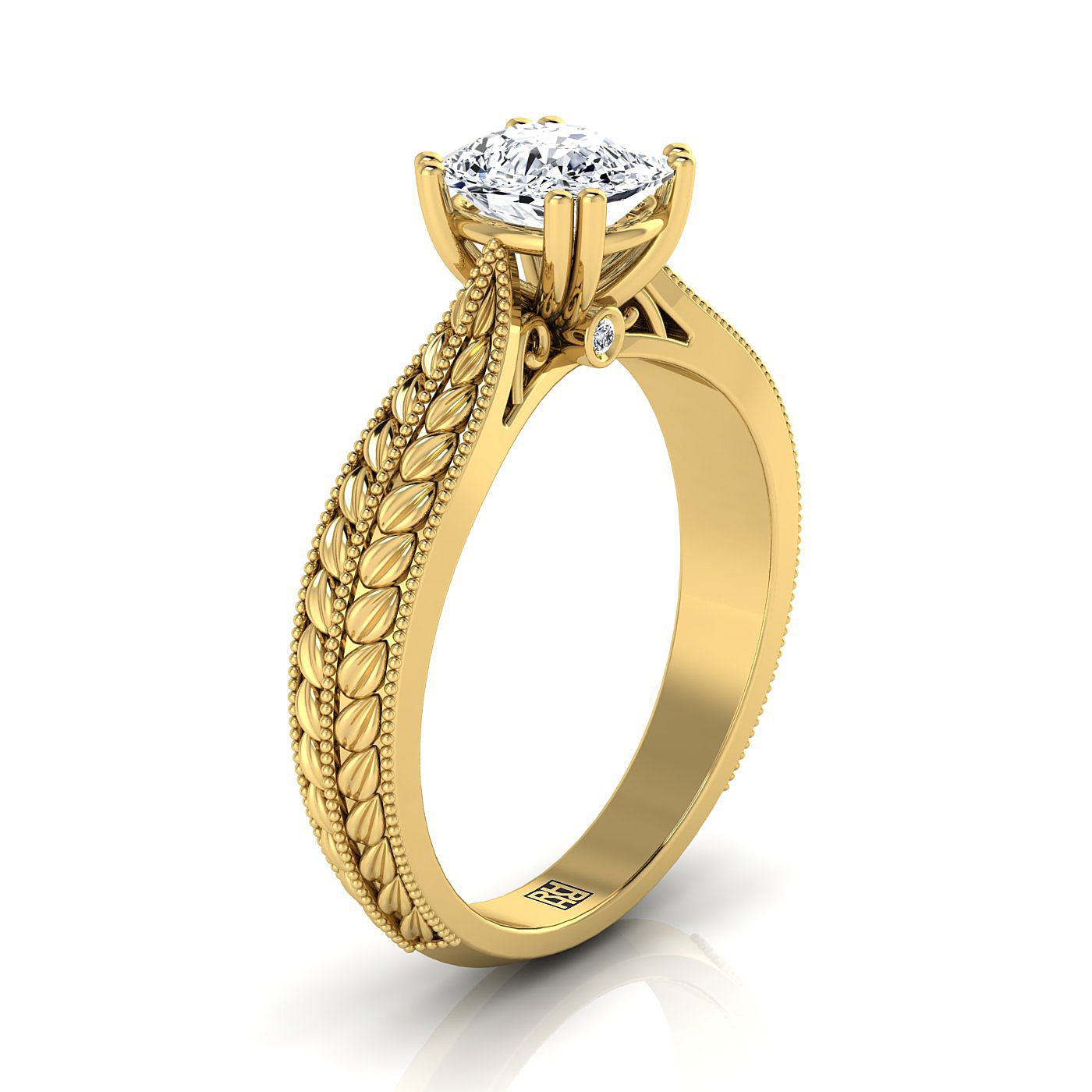 18K Yellow Gold Cushion Antique Wheat and Bead Pinched Solitaire Engagement RIng