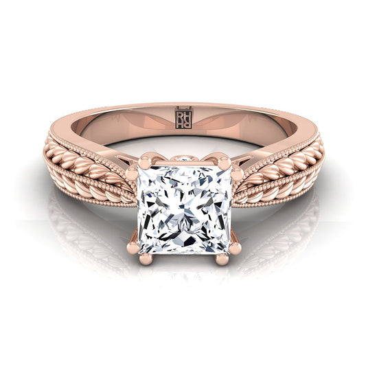 14K Rose Gold Princess Cut Antique Wheat and Bead Pinched Solitaire Engagement RIng
