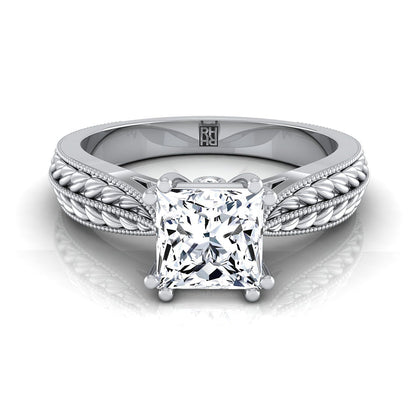 18K White Gold Princess Cut Antique Wheat and Bead Pinched Solitaire Engagement RIng