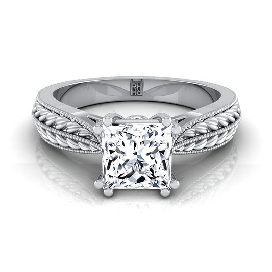 Platinum Princess Cut Antique Wheat and Bead Pinched Solitaire Engagement RIng
