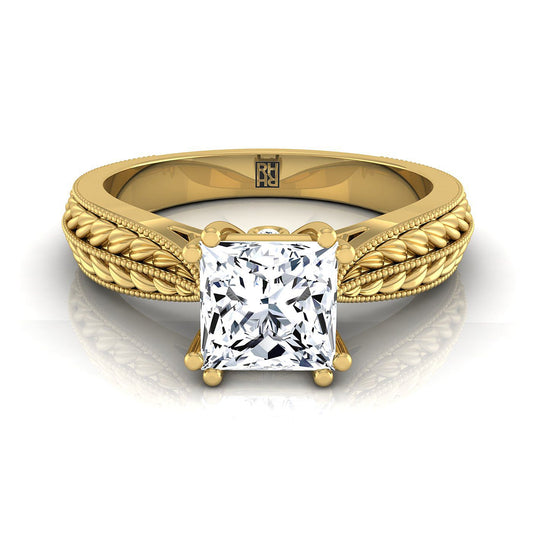 14K Yellow Gold Princess Cut Antique Wheat and Bead Pinched Solitaire Engagement RIng