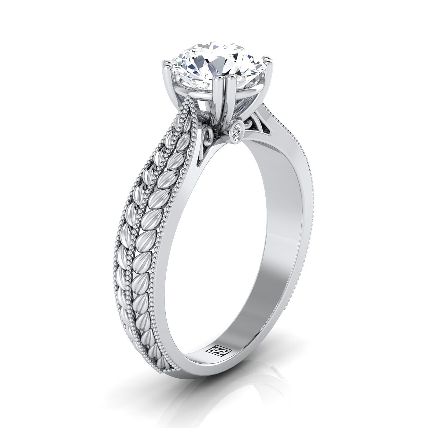 14K White Gold Round Brilliant Antique Wheat and Bead Pinched Solitaire Engagement RIng