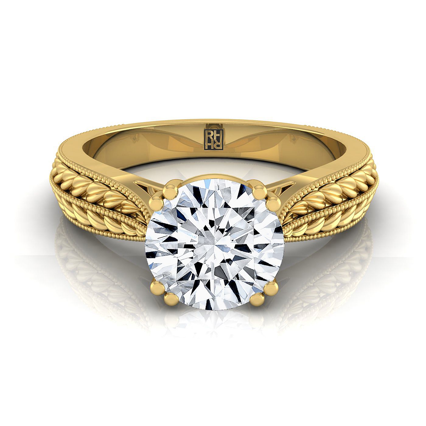 14K Yellow Gold Round Brilliant Antique Wheat and Bead Pinched Solitaire Engagement RIng