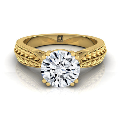 14K Yellow Gold Round Brilliant Antique Wheat and Bead Pinched Solitaire Engagement RIng