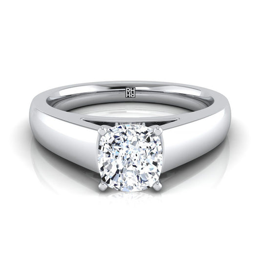 18K White Gold Cushion  High Polished Signet Style Tapered Solitaire Engagement Ring