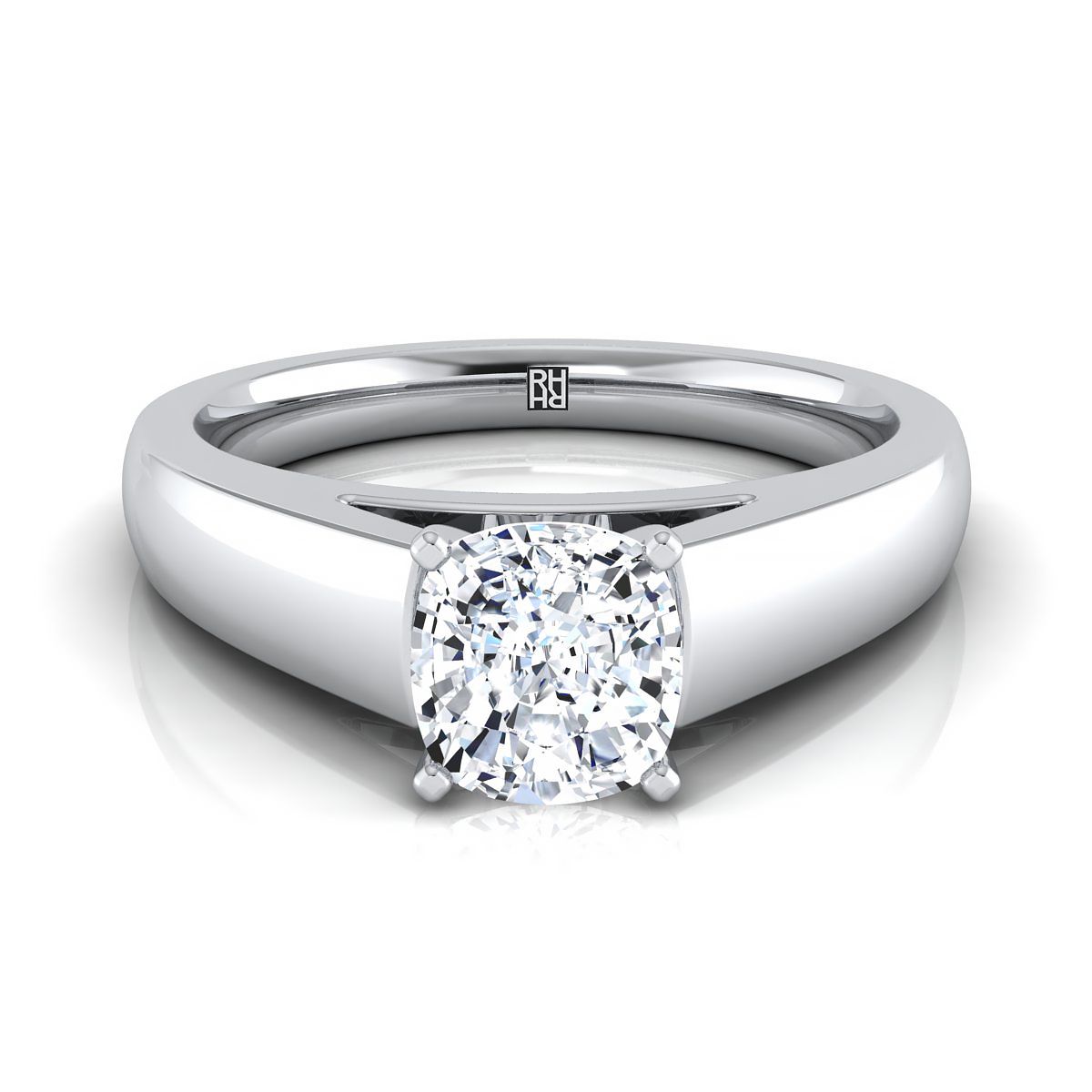 Platinum Cushion  High Polished Signet Style Tapered Solitaire Engagement Ring