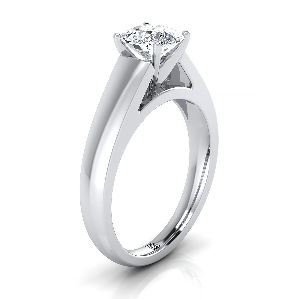 18K White Gold Cushion  High Polished Signet Style Tapered Solitaire Engagement Ring