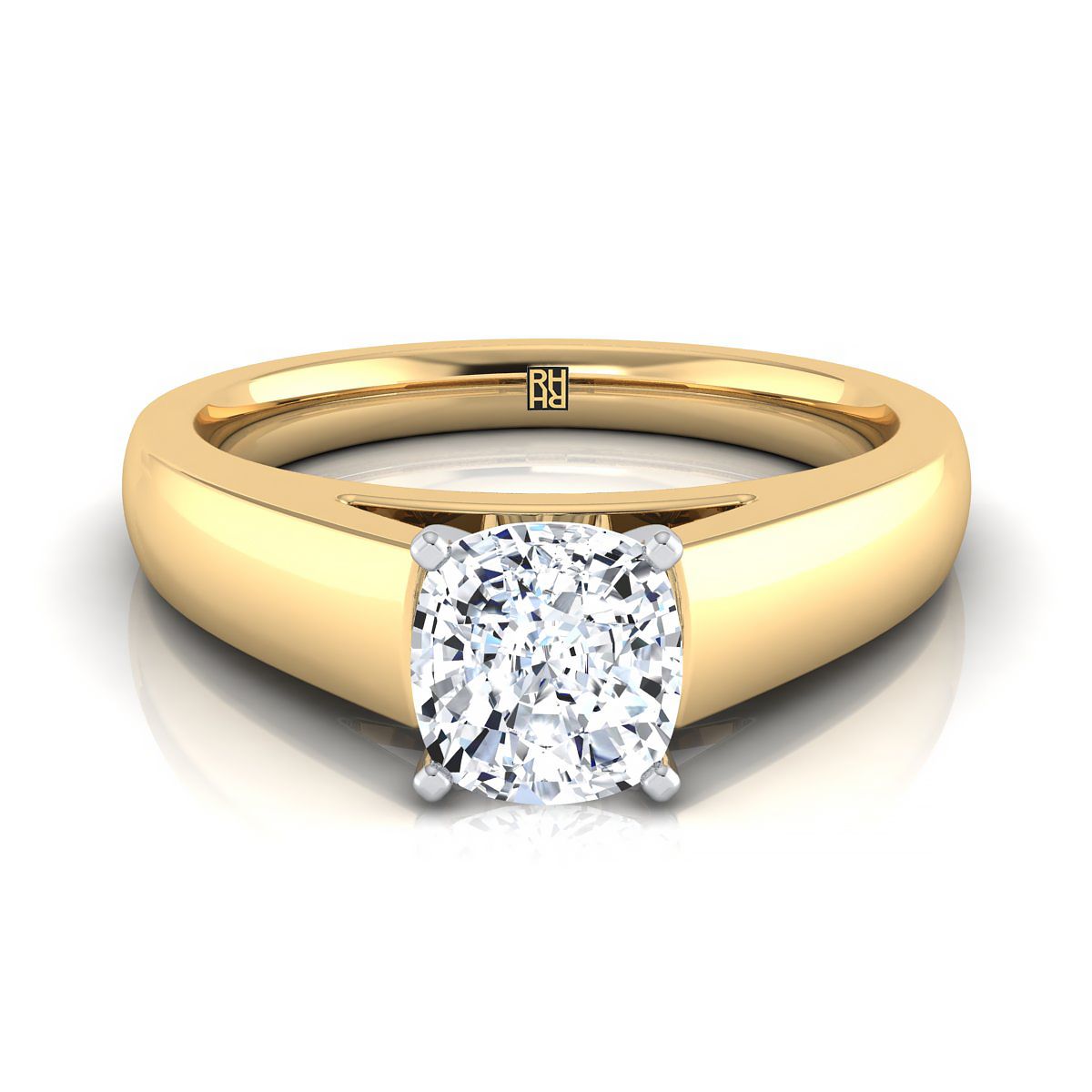 14K Yellow Gold Cushion  High Polished Signet Style Tapered Solitaire Engagement Ring