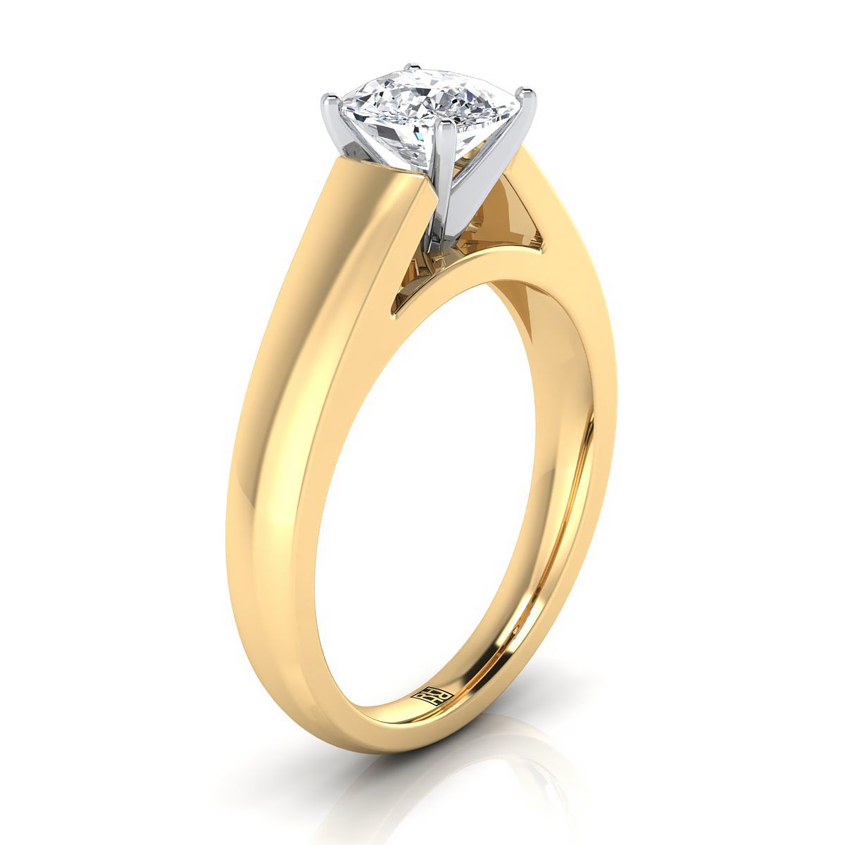 14K Yellow Gold Cushion  High Polished Signet Style Tapered Solitaire Engagement Ring