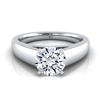 18K White Gold Round Brilliant  High Polished Signet Style Tapered Solitaire Engagement Ring