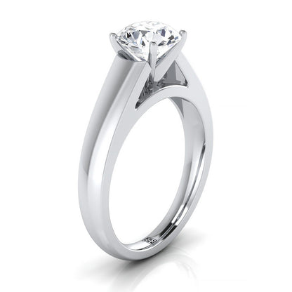 14K White Gold Round Brilliant  High Polished Signet Style Tapered Solitaire Engagement Ring