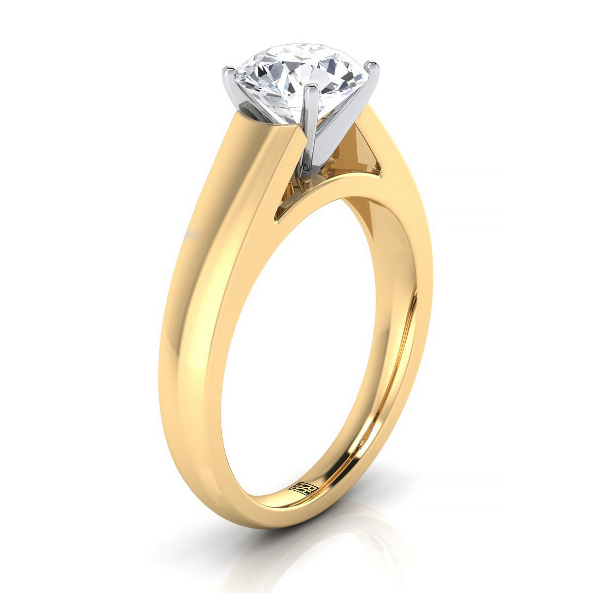 18K Yellow Gold Round Brilliant  High Polished Signet Style Tapered Solitaire Engagement Ring