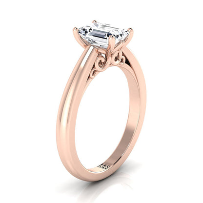 14K Rose Gold Emerald Cut Scroll Gallery Comfort Fit Solitaire Engagement Ring