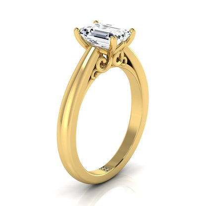 14K Yellow Gold Emerald Cut Scroll Gallery Comfort Fit Solitaire Engagement Ring