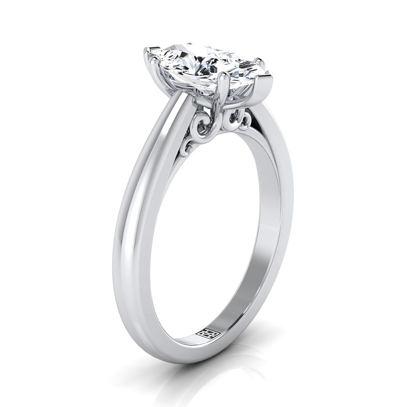 18K White Gold Marquise  Scroll Gallery Comfort Fit Solitaire Engagement Ring