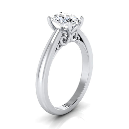 18K White Gold Oval Scroll Gallery Comfort Fit Solitaire Engagement Ring
