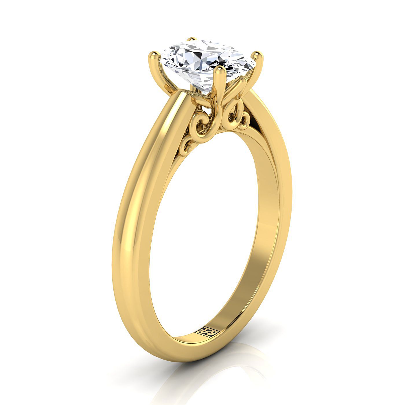 14K Yellow Gold Oval Scroll Gallery Comfort Fit Solitaire Engagement Ring
