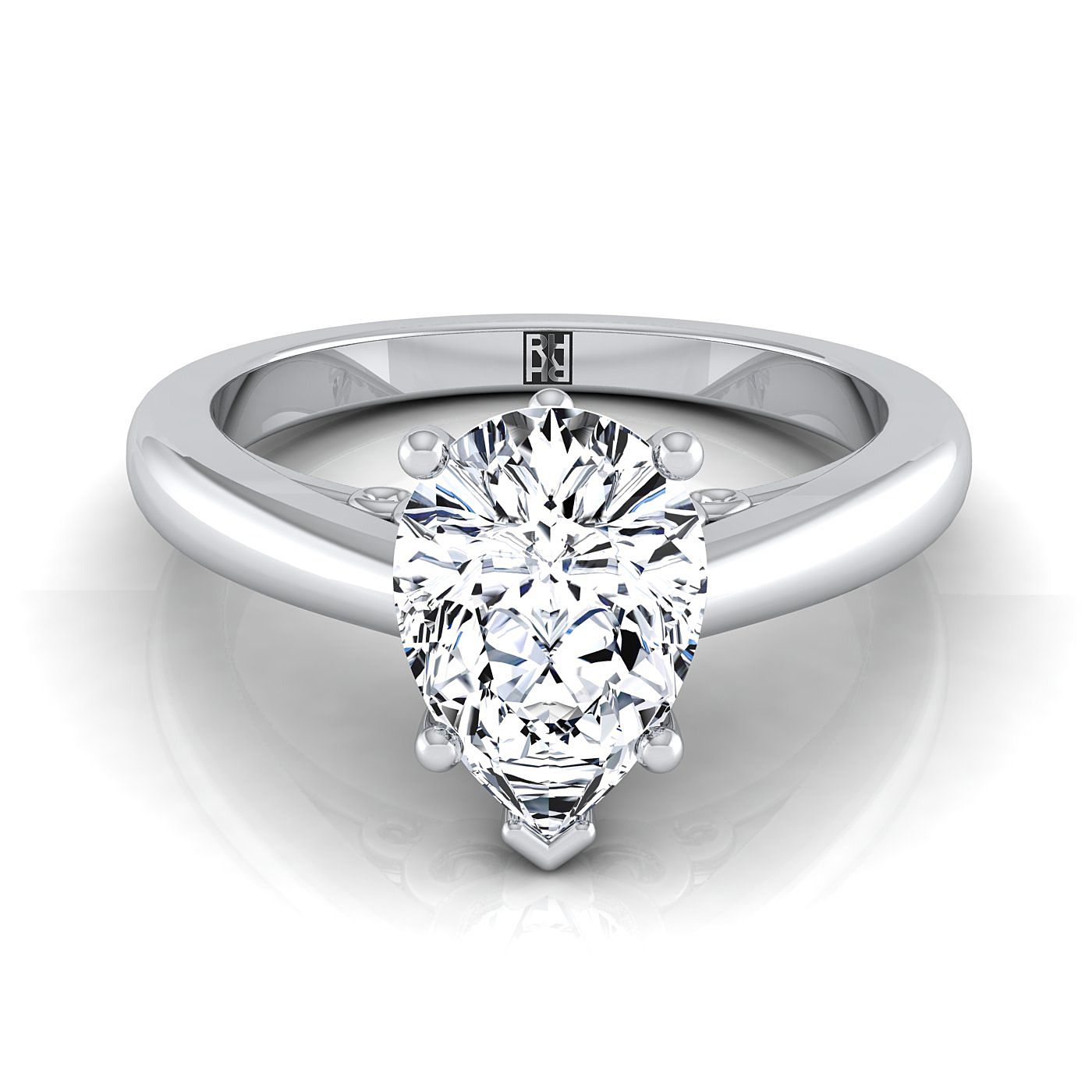 18K White Gold Pear Shape Center Scroll Gallery Comfort Fit Solitaire Engagement Ring