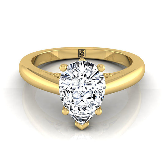 18K Yellow Gold Pear Shape Center Scroll Gallery Comfort Fit Solitaire Engagement Ring