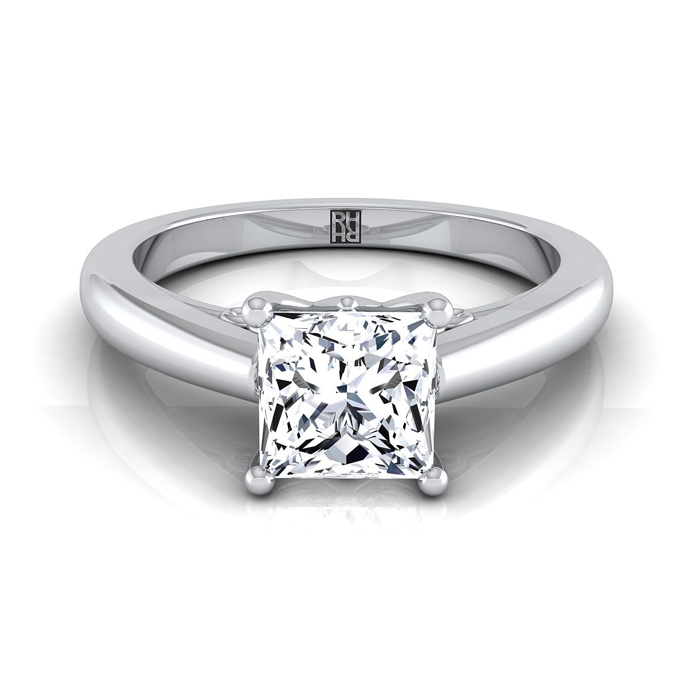 18K White Gold Princess Cut Scroll Gallery Comfort Fit Solitaire Engagement Ring
