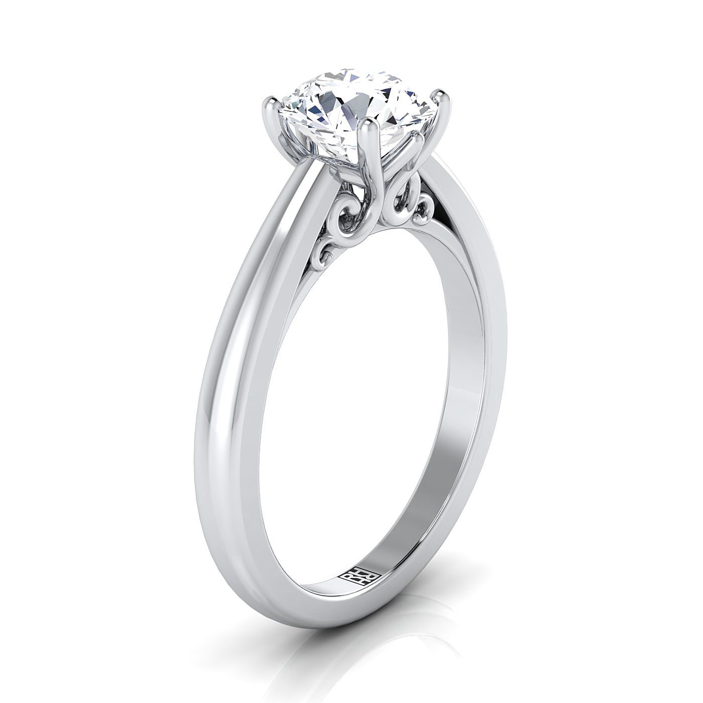 14K White Gold Round Brilliant Scroll Gallery Comfort Fit Solitaire Engagement Ring