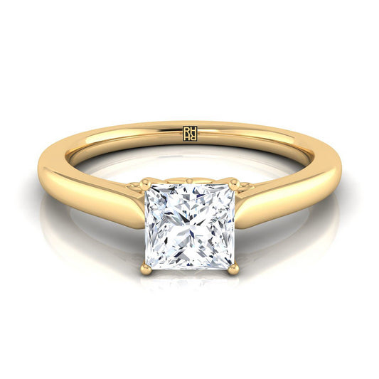 18K Yellow Gold Princess Cut Scroll Gallery Comfort Fit Solitaire Engagement Ring